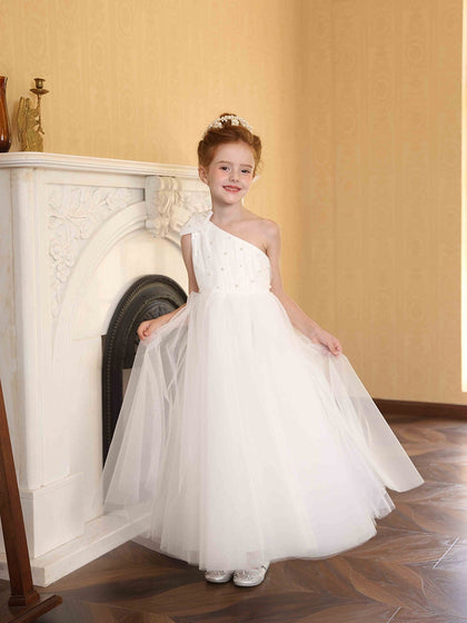 Robe Princesse à Une Épaule en Tulle pour Petite Fille d'Honneur avec Perles