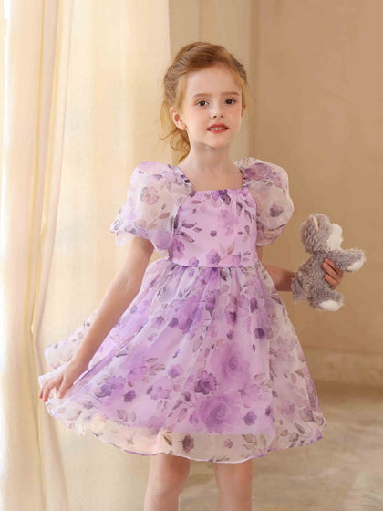 Robe Princesse Col Carré Manches Bouffantes avec Imprimé Floral pour Petite Fille d'Honneur