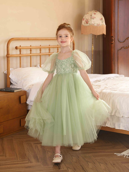 Robe Princesse Col en V Manches Bouffantes en Tulle pour Petite Fille d'Honneur