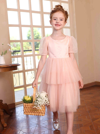 Robe Princesse Col Rond Manches Bouffantes pour Petite Fille d'Honneur avec Tulle Superposé