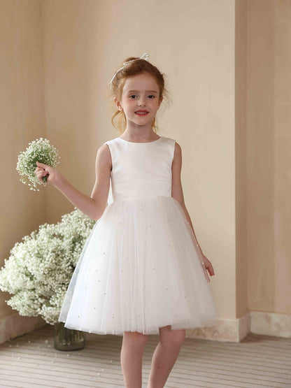 Robe Princesse Col Rond sans Manches en Tulle pour Petite Fille d'Honneur avec Perles