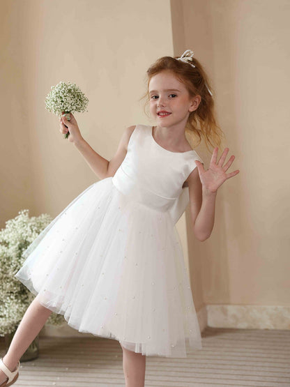 Robe Princesse Col Rond sans Manches en Tulle pour Petite Fille d'Honneur avec Perles