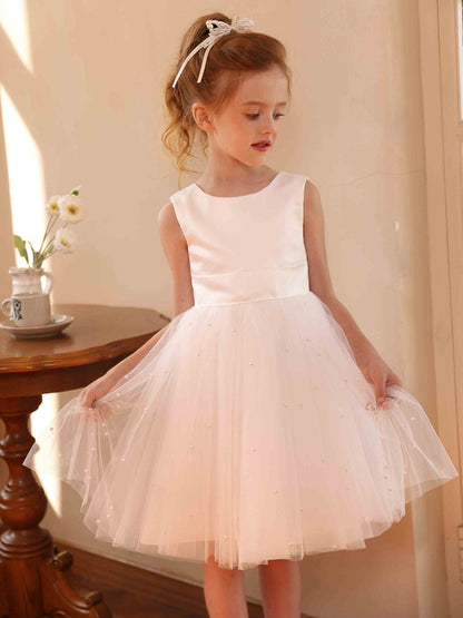 Robe Princesse Col Rond sans Manches en Tulle pour Petite Fille d'Honneur avec Perles