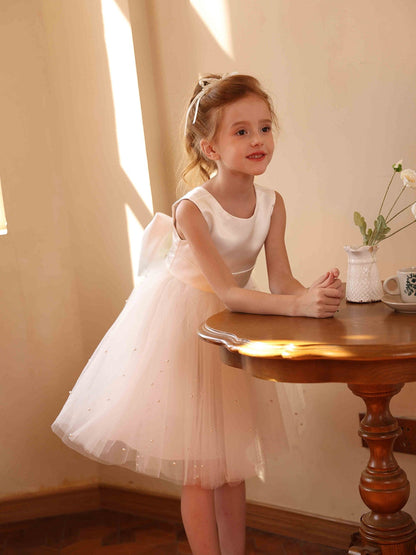 Robe Princesse Col Rond sans Manches en Tulle pour Petite Fille d'Honneur avec Perles