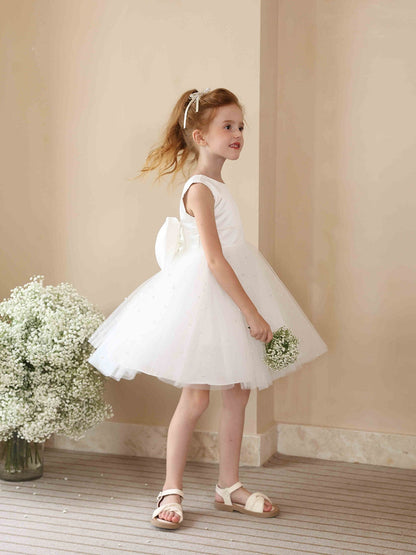 Robe Princesse Col Rond sans Manches en Tulle pour Petite Fille d'Honneur avec Perles