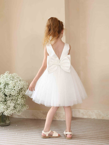 Robe Princesse Col Rond sans Manches en Tulle pour Petite Fille d'Honneur avec Perles