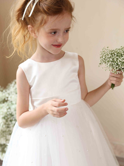 Robe Princesse Col Rond sans Manches en Tulle pour Petite Fille d'Honneur avec Perles