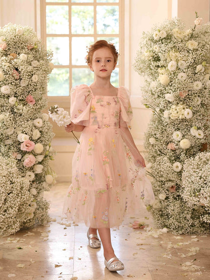 Robe Princesse Col Carré Manches Bouffantes en Tulle pour Petite Fille d'Honneur avec Broderie