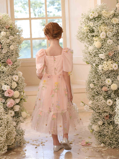 Robe Princesse Col Carré Manches Bouffantes en Tulle pour Petite Fille d'Honneur avec Broderie