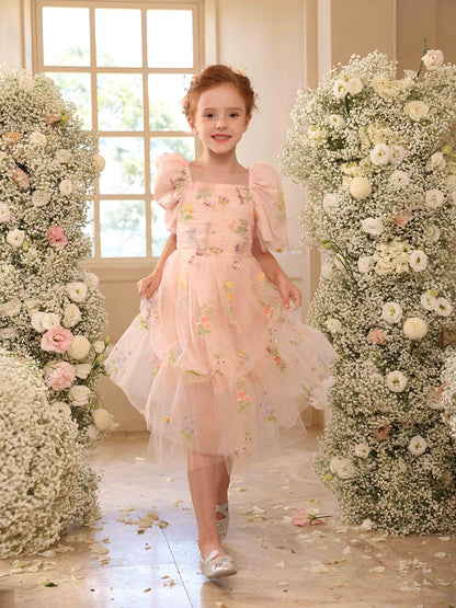 Robe Princesse Col Carré Manches Bouffantes en Tulle pour Petite Fille d'Honneur avec Broderie