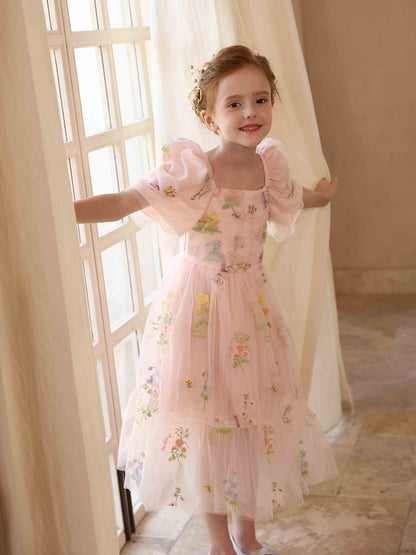 Robe Princesse Col Carré Manches Bouffantes en Tulle pour Petite Fille d'Honneur avec Broderie