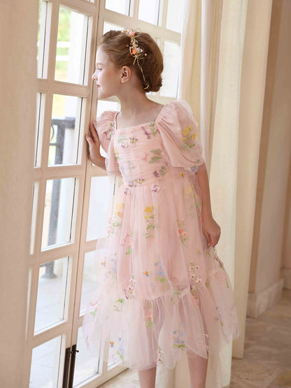 Robe Princesse Col Carré Manches Bouffantes en Tulle pour Petite Fille d'Honneur avec Broderie