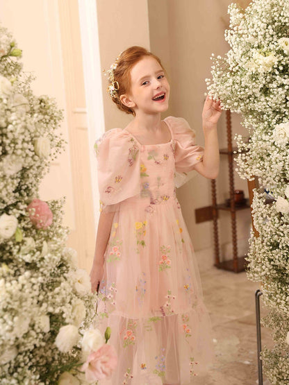 Robe Princesse Col Carré Manches Bouffantes en Tulle pour Petite Fille d'Honneur avec Broderie