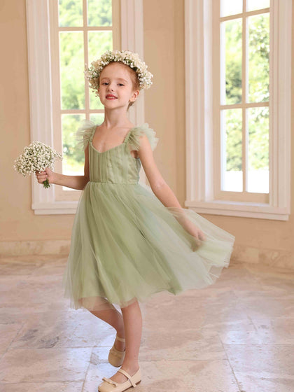 Robe Princesse Col en V Manches Volantes pour Petite Fille d'Honneur en Tulle Plissé