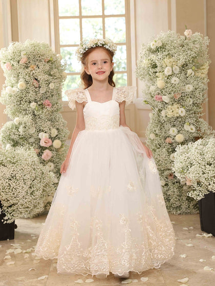 Robe Princesse Col Rond Manches Volantes pour Petite Fille d'Honneur avec Appliques