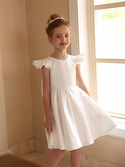 Robe Princesse Col Rond Manches Volantes pour Petite Fille d'Honneur avec Ceinture