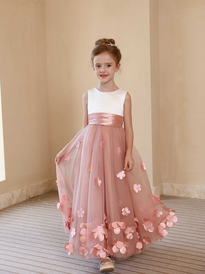 Robe Princesse Col Rond sans Manches pour Petite Fille d'Honneur avec Appliques