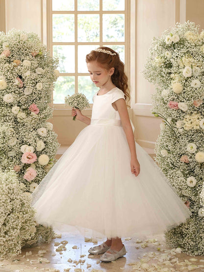 Robe Princesse Col Rond Manches Courtes pour Petite Fille d'Honneur avec Ceinture