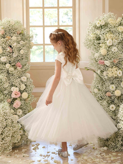 Robe Princesse Col Rond Manches Courtes pour Petite Fille d'Honneur avec Ceinture