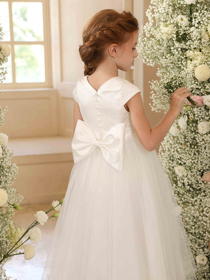 Robe Princesse Col Rond Manches Courtes pour Petite Fille d'Honneur avec Ceinture