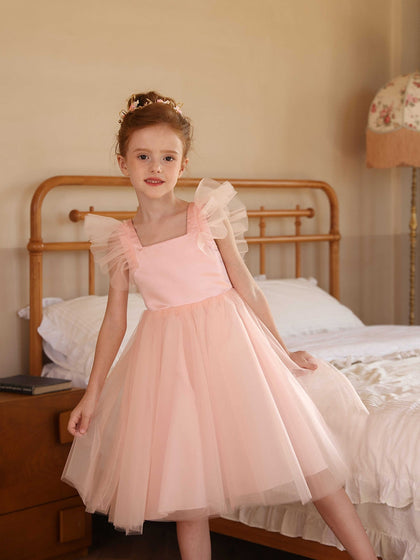 Robe Princesse Col Carré Manches Volantes pour Petite Fille d'Honneur avec Volants