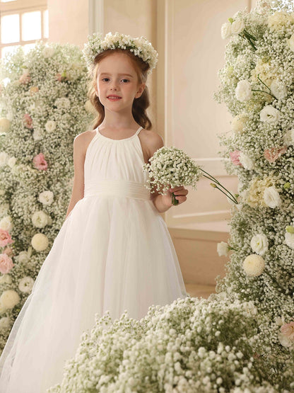 Robe Princesse Col Licou sans Manches pour Petite Fille d'Honneur avec Volants