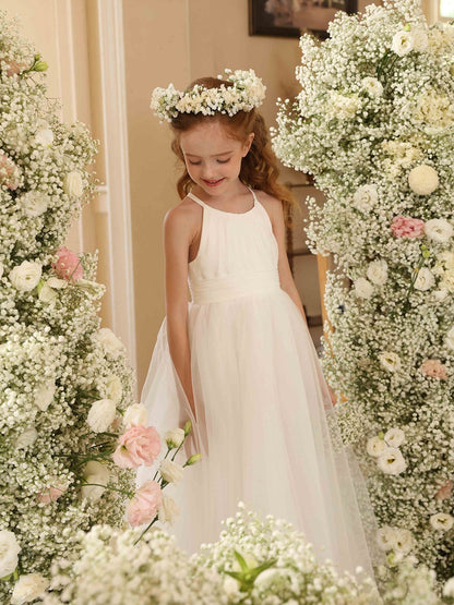 Robe Princesse Col Licou sans Manches pour Petite Fille d'Honneur avec Volants