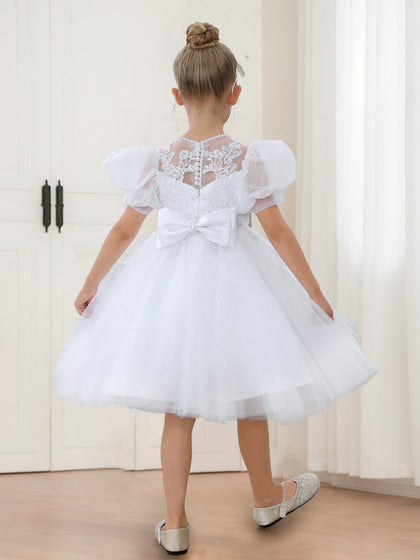 Robe de Demoiselled'Honneur Trapèze/Princesse à Manches Bouffantes et Col Rond en Tulle avec Perles