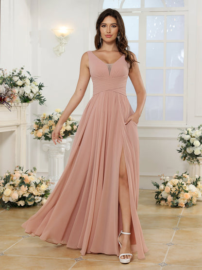 Robe de Mariée Longue Coupe A-Line/Princess à Col En V avec Fente Sur Le Côté et Poches