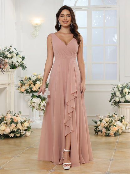 Robe de Mariée Longue à Col En V et Fente Sur Le Côté Coupe A-Line/Princess