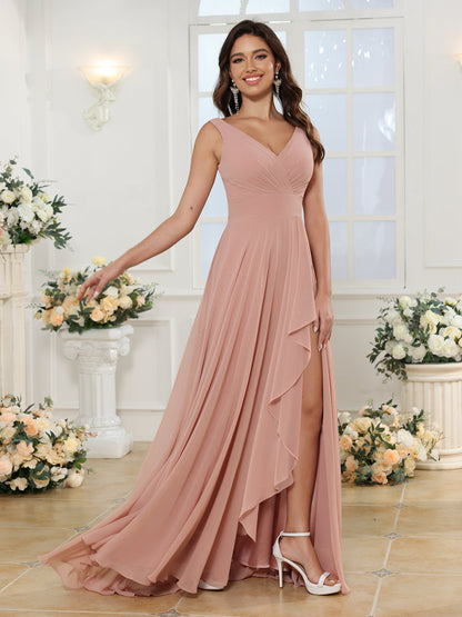 Robe de Mariée Longue Coupe A-Line/Princess à Col En V avec Fente Sur Le Côté et Poches