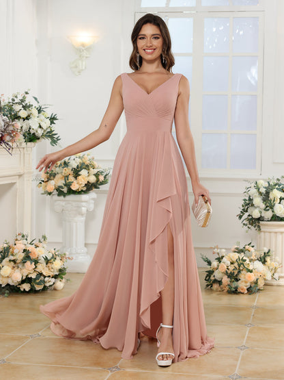 Robe de Mariée Longue Coupe A-Line/Princess à Col En V avec Fente Sur Le Côté et Poches