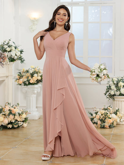 Robe de Mariée Longue Coupe A-Line/Princess à Col En V avec Fente Sur Le Côté et Poches