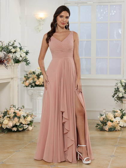 Robe de Mariée Longue à Col En V et Fente Sur Le Côté Coupe A-Line/Princess