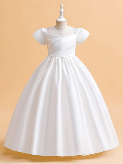 Robe Princesse Col Rond Manches Bouffantes pour Petite Fille d'Honneur avec Fronces