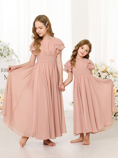 Robe Princesse en Chiffon Manches Courtes Col Rond Longueur Jusqu'Aux Chevilles pour Petite Fille d'Honneur