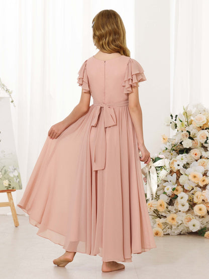 Robe Princesse en Chiffon Manches Courtes Col Rond Longueur Jusqu'Aux Chevilles pour Petite Fille d'Honneur