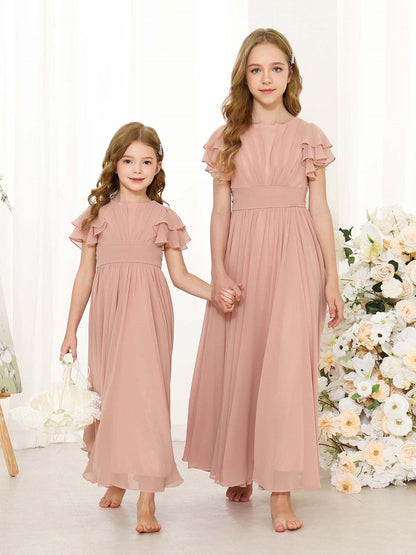 Robe Princesse en Chiffon Manches Courtes Col Rond Longueur Jusqu'Aux Chevilles pour Petite Fille d'Honneur