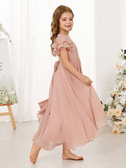 Robe Princesse en Chiffon Manches Courtes Col Rond Longueur Jusqu'Aux Chevilles pour Petite Fille d'Honneur