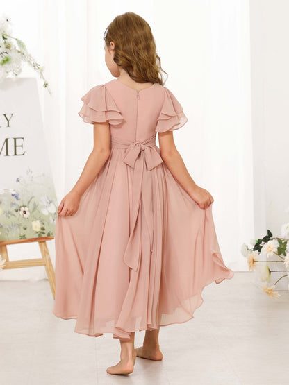 Robe Princesse en Chiffon Manches Courtes Col Rond Longueur Jusqu'Aux Chevilles pour Petite Fille d'Honneur