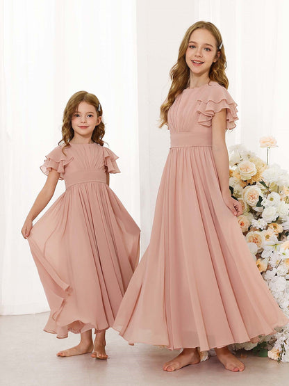 Robe Princesse en Chiffon Manches Courtes Col Rond Longueur Jusqu'Aux Chevilles pour Petite Fille d'Honneur