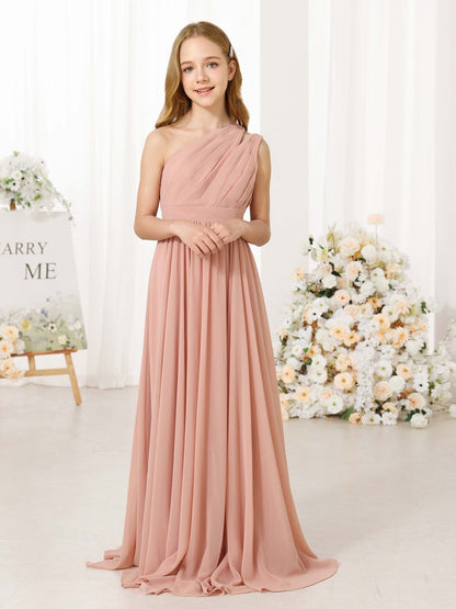 Robe Princesse en Chiffon sans Manches Une Épaule Longueur Au Sol pour Petite Fille d'Honneur