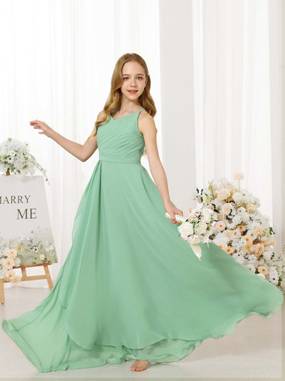 Robe Princesse en Chiffon sans Manches Col Rond Longueur Au Sol pour Petite Fille d'Honneur