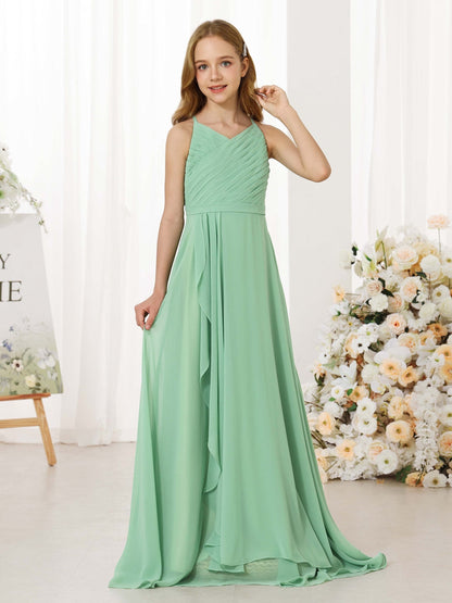 Robe Princesse en Chiffon sans Manches Col Rond Longueur Au Sol pour Petite Fille d'Honneur