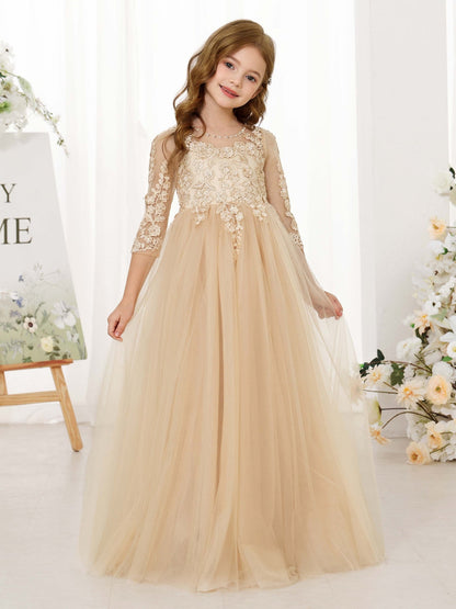 Robe Princesse en Chiffon Manches 3/4 Col Rond Longueur Au Sol pour Petite Fille d'Honneur