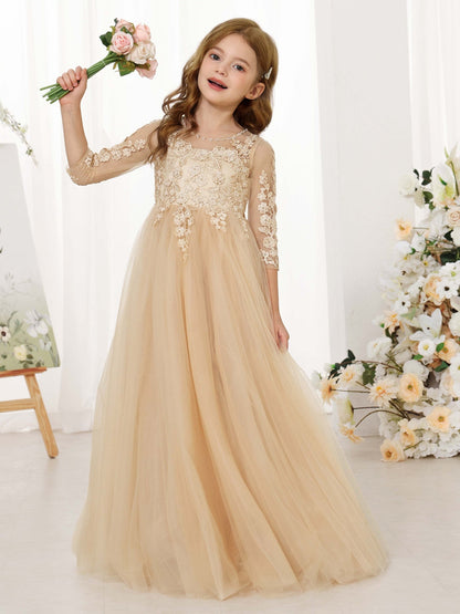 Robe Princesse en Chiffon Manches 3/4 Col Rond Longueur Au Sol pour Petite Fille d'Honneur