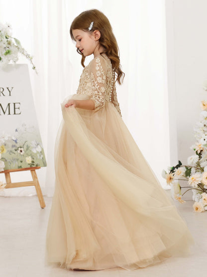 Robe Princesse en Chiffon Manches 3/4 Col Rond Longueur Au Sol pour Petite Fille d'Honneur