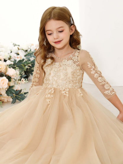 Robe Princesse en Chiffon Manches 3/4 Col Rond Longueur Au Sol pour Petite Fille d'Honneur