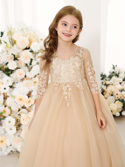 Robe Princesse en Chiffon Manches 3/4 Col Rond Longueur Au Sol pour Petite Fille d'Honneur