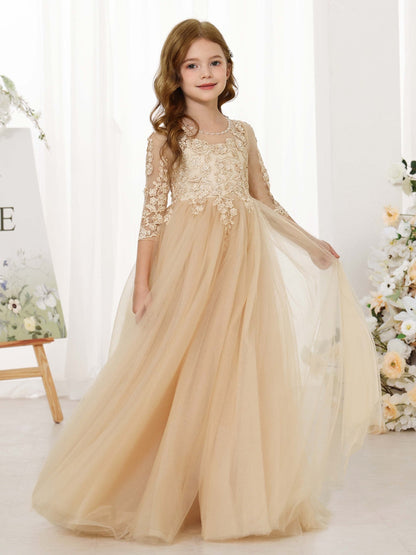 Robe Princesse en Chiffon Manches 3/4 Col Rond Longueur Au Sol pour Petite Fille d'Honneur